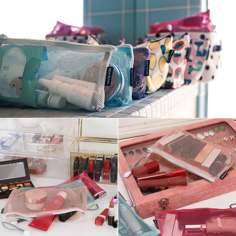 Sea Team 6pcs Multicolored Portable Travel Toiletry Pouch Nylon Mesh Cosmetic Makeup Organizer Bag with Zipper  Colorful - Image 2